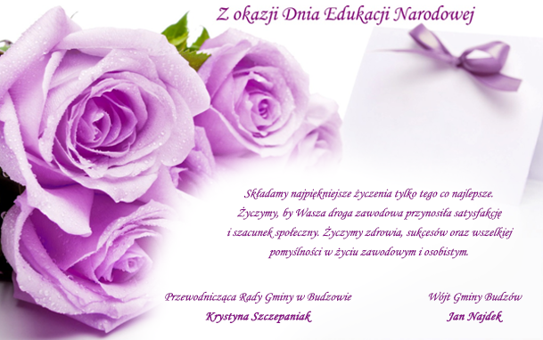 Fioletowe róże oraz życzenia z okazji święta edukacji narodowej
