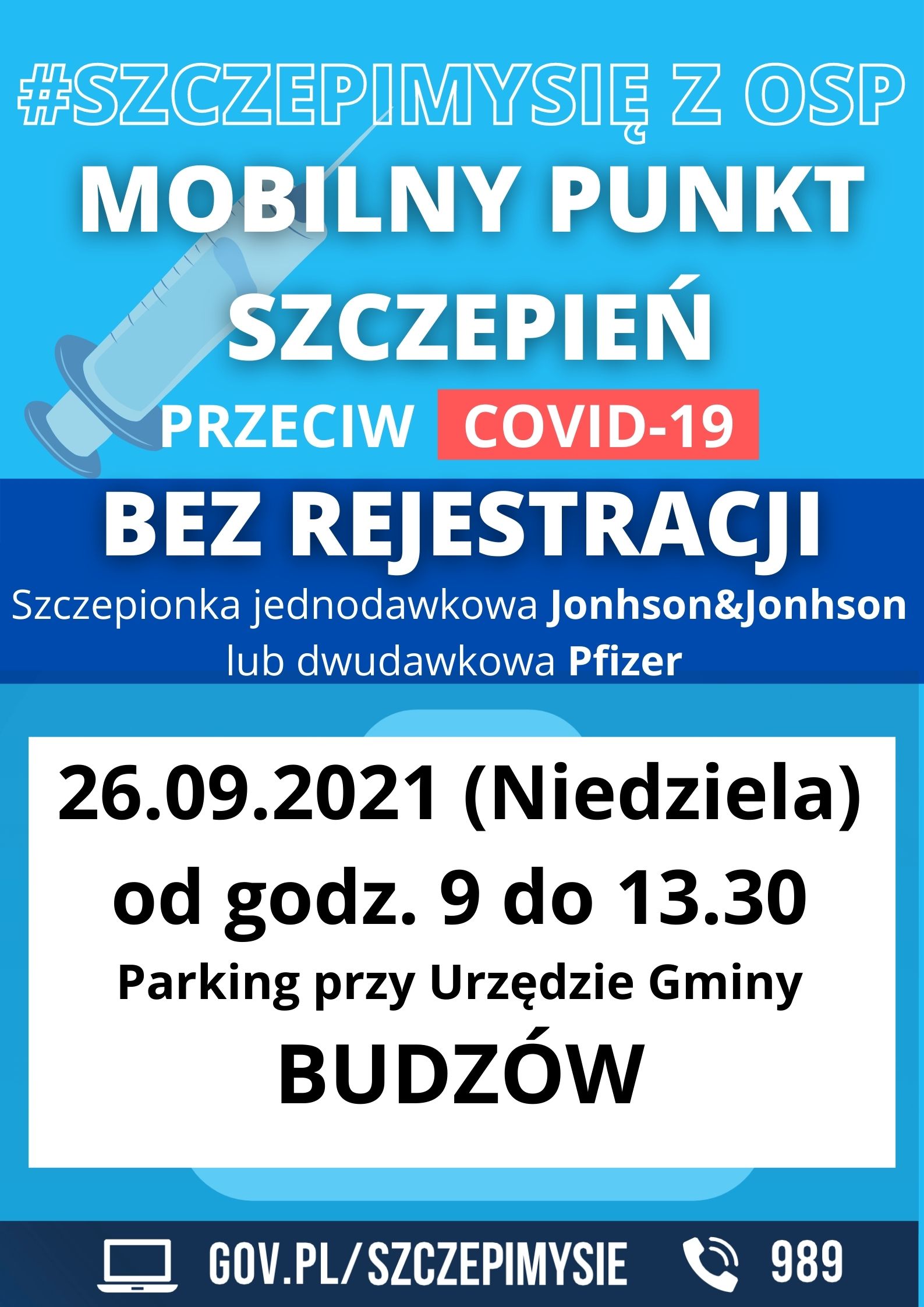 Plakat promujący mobilny punkt szczepień.