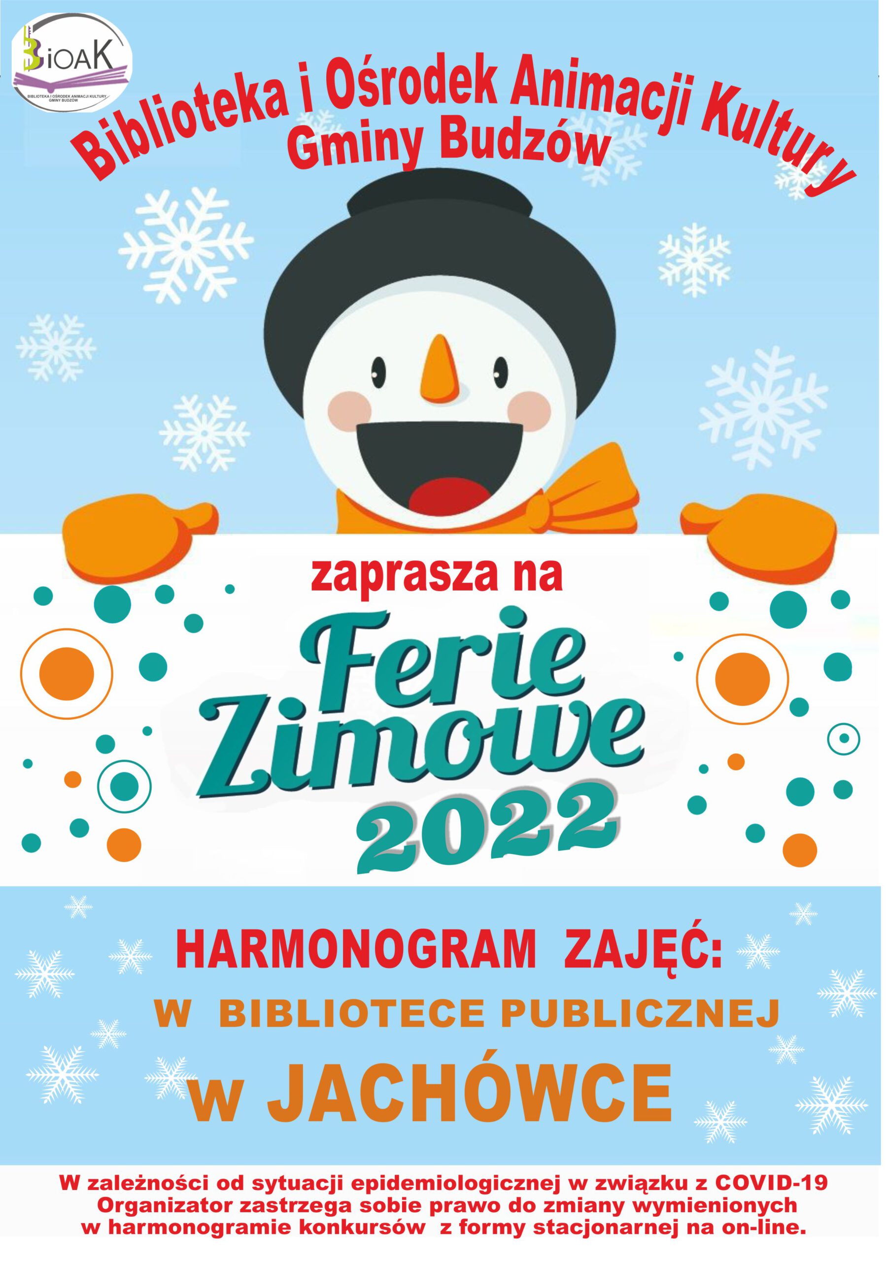 Biblioteka i Ośrodek Animacji Kultury Gminy Budzów zaprasza na Ferie Zimowe 2022. Harmonogram zajęć w Bibliotece Publicznej w Jachówce 