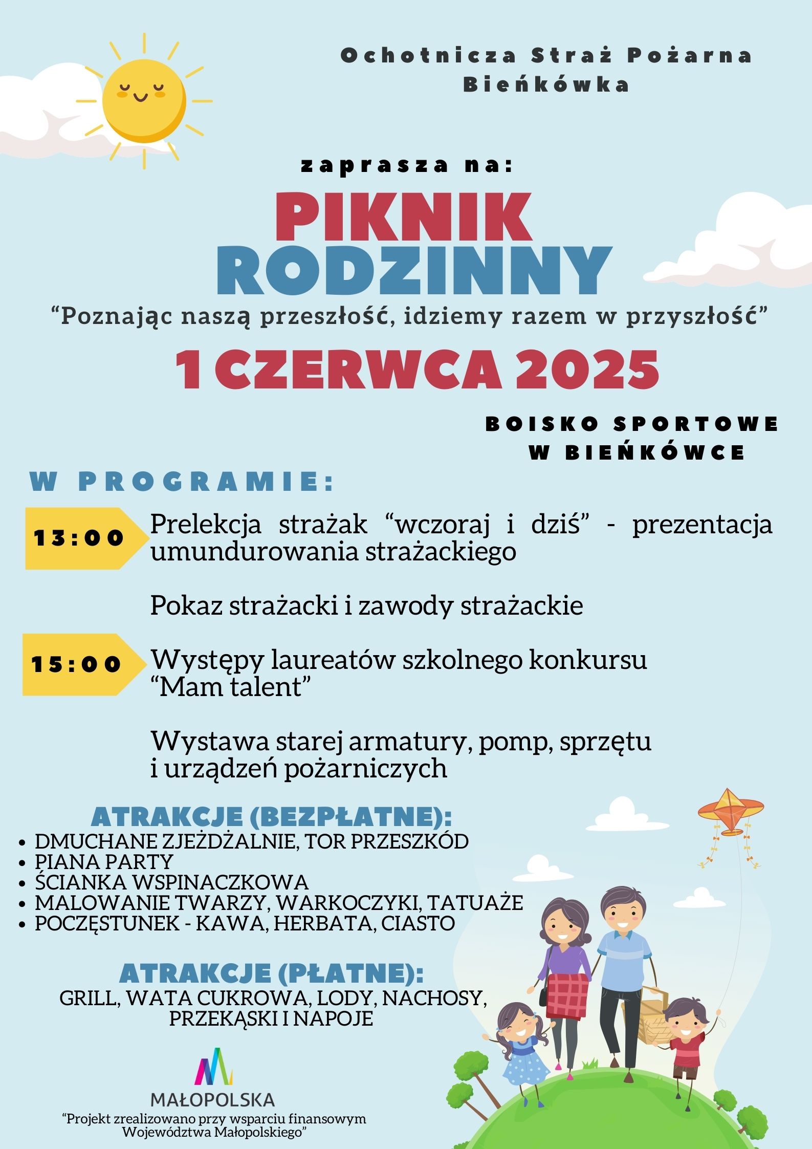 Plakat ogłasza rodzinny piknik strażacki w Bieńkówce, 1 czerwca 2025 roku. W programie są pokazy strażackie, występy i różne atrakcje, zarówno bezpłatne, jak i płatne.