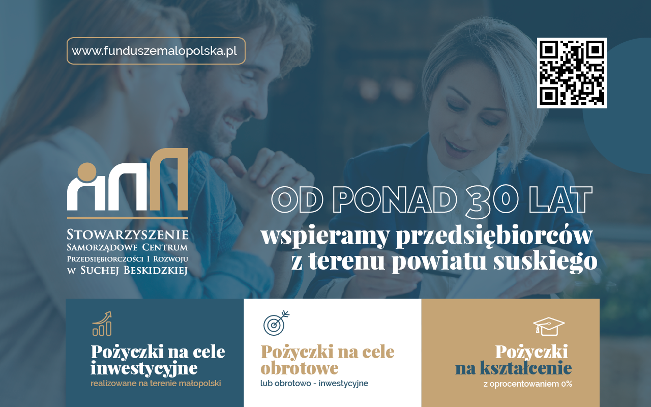 Plakat reklamowy przedstawiający trzy osoby i tekst informujący o wsparciu dla przedsiębiorców z powiatu suskiego od ponad 30 lat. Prezentuje również ofertę pożyczek na cele inwestycyjne, obrotowe oraz na kształcenie z oprocentowaniem 0%.